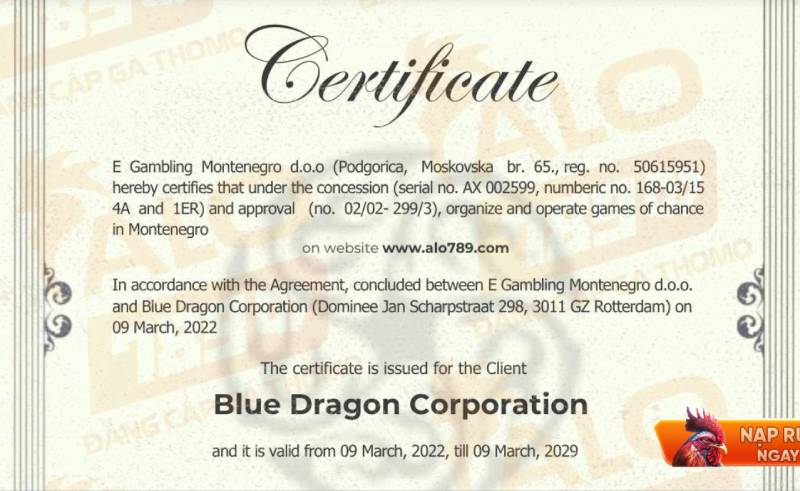 Giấy phép từ E-Gambling Montenegro