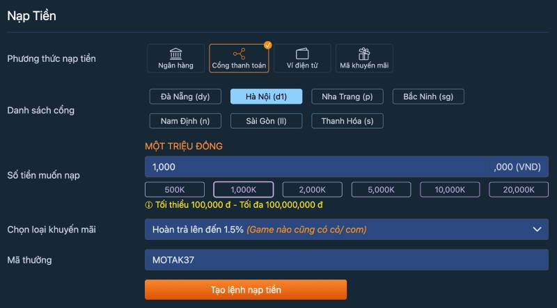 Nạp tiền qua công thanh toán điện tử