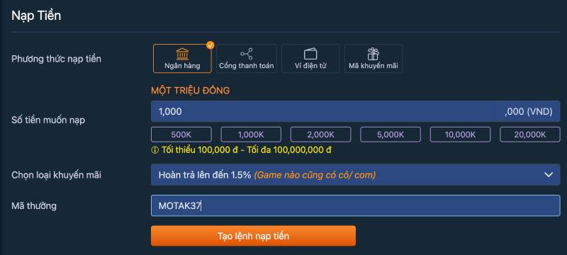 Nạp tiền qua ngân hàng