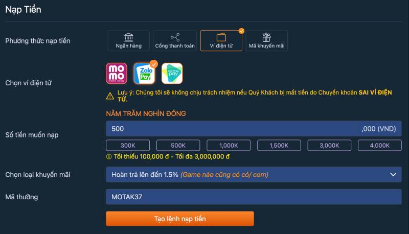Nạp tiền qua ví điện tử
